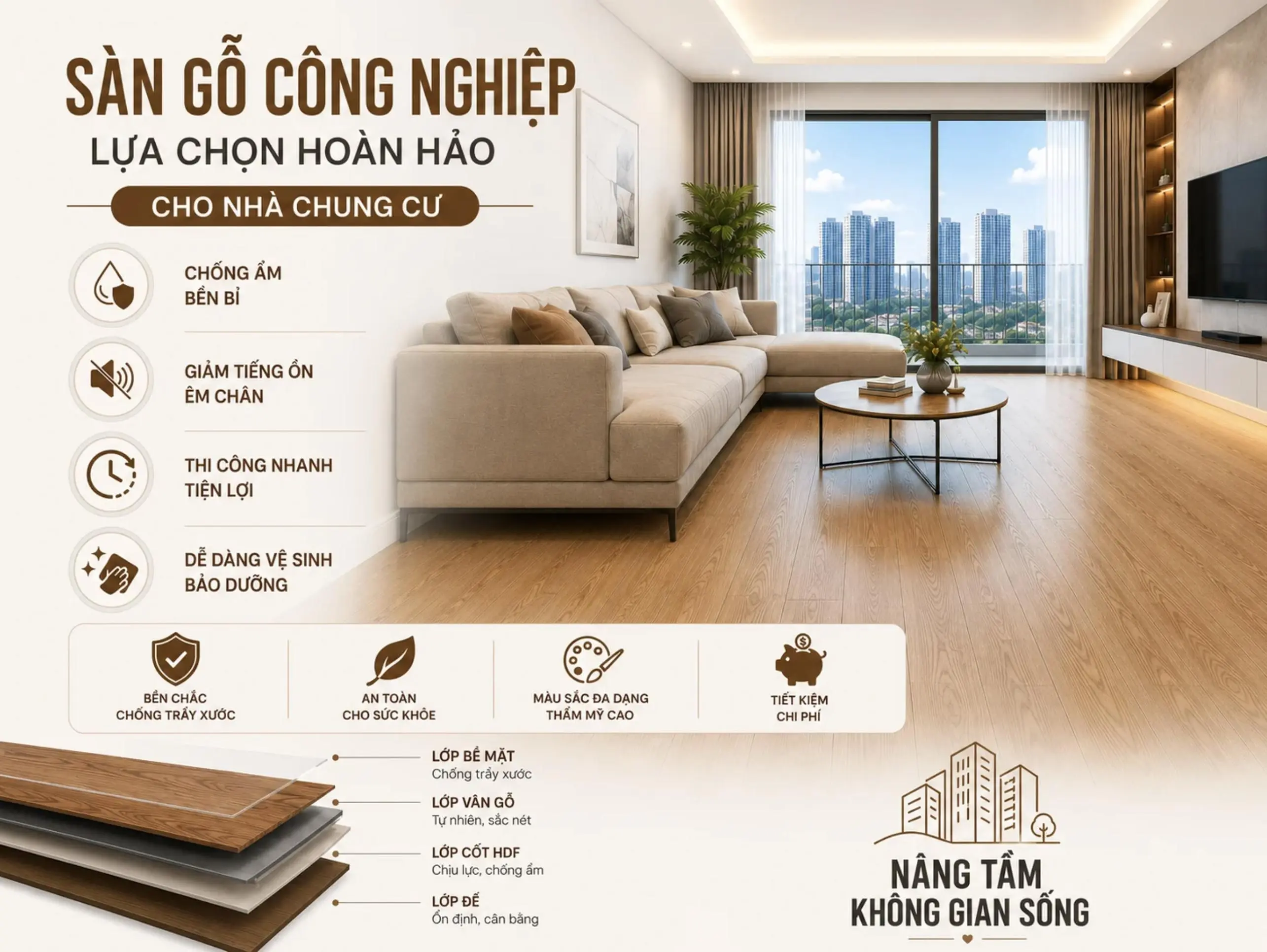 Phối cảnh minh họa phòng khách và vật liệu sàn trong tài liệu giới thiệu Marquee Homes