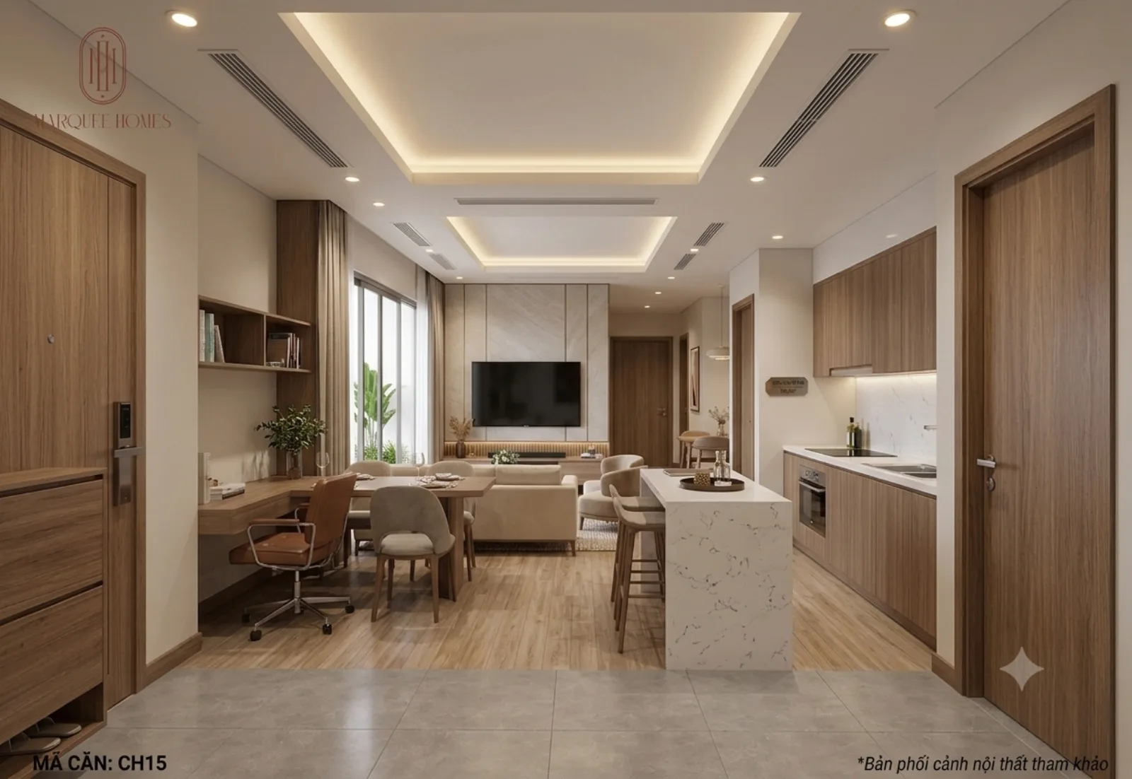 Phối cảnh tham khảo không gian sinh hoạt căn hộ 2PN+ Marquee Homes