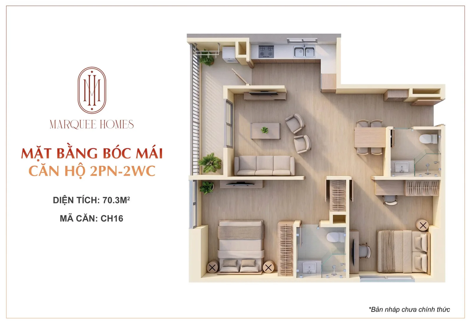 Mặt bằng nháp căn hộ 2PN góc 2 WC Marquee Homes ghi diện tích 70,3 mét vuông