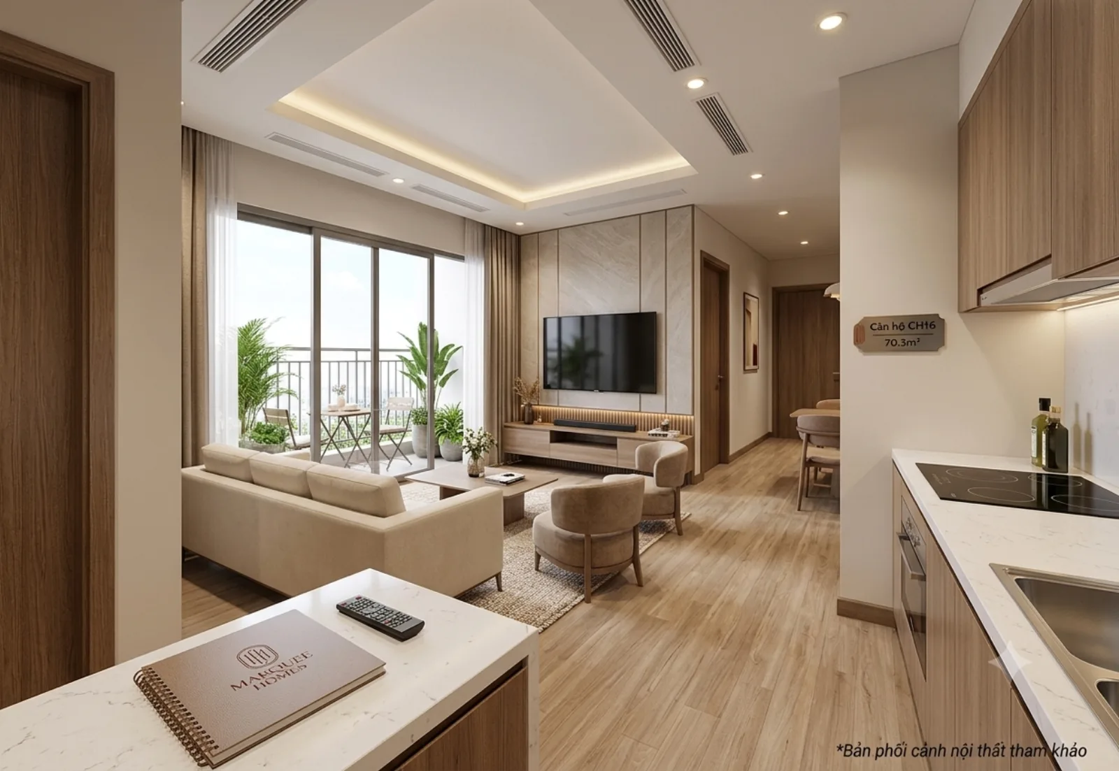 Phối cảnh tham khảo phòng khách căn hộ 2PN góc Marquee Homes