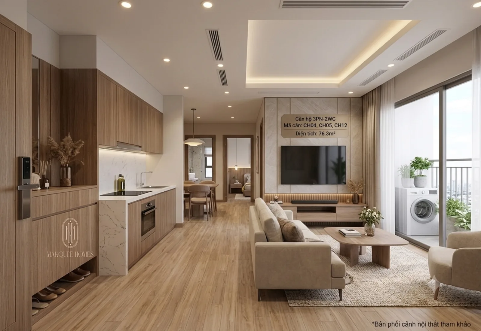 Phối cảnh tham khảo không gian sinh hoạt căn hộ 3 phòng ngủ Marquee Homes