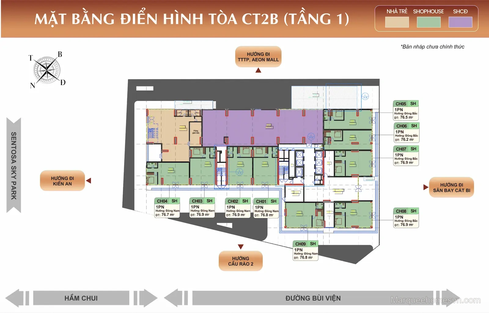 Mặt bằng tầng 1–2 tòa CT2B — nhà ở xã hội Marquee Homes Lê Chân, Hải Phòng