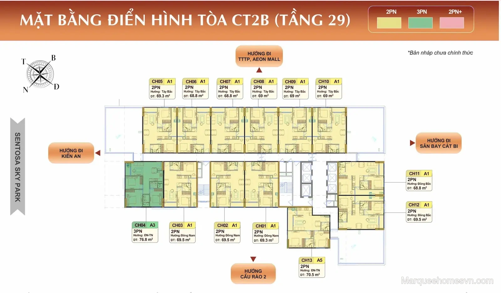Mặt bằng tầng 29 tòa CT2B — nhà ở xã hội Marquee Homes Lê Chân, Hải Phòng