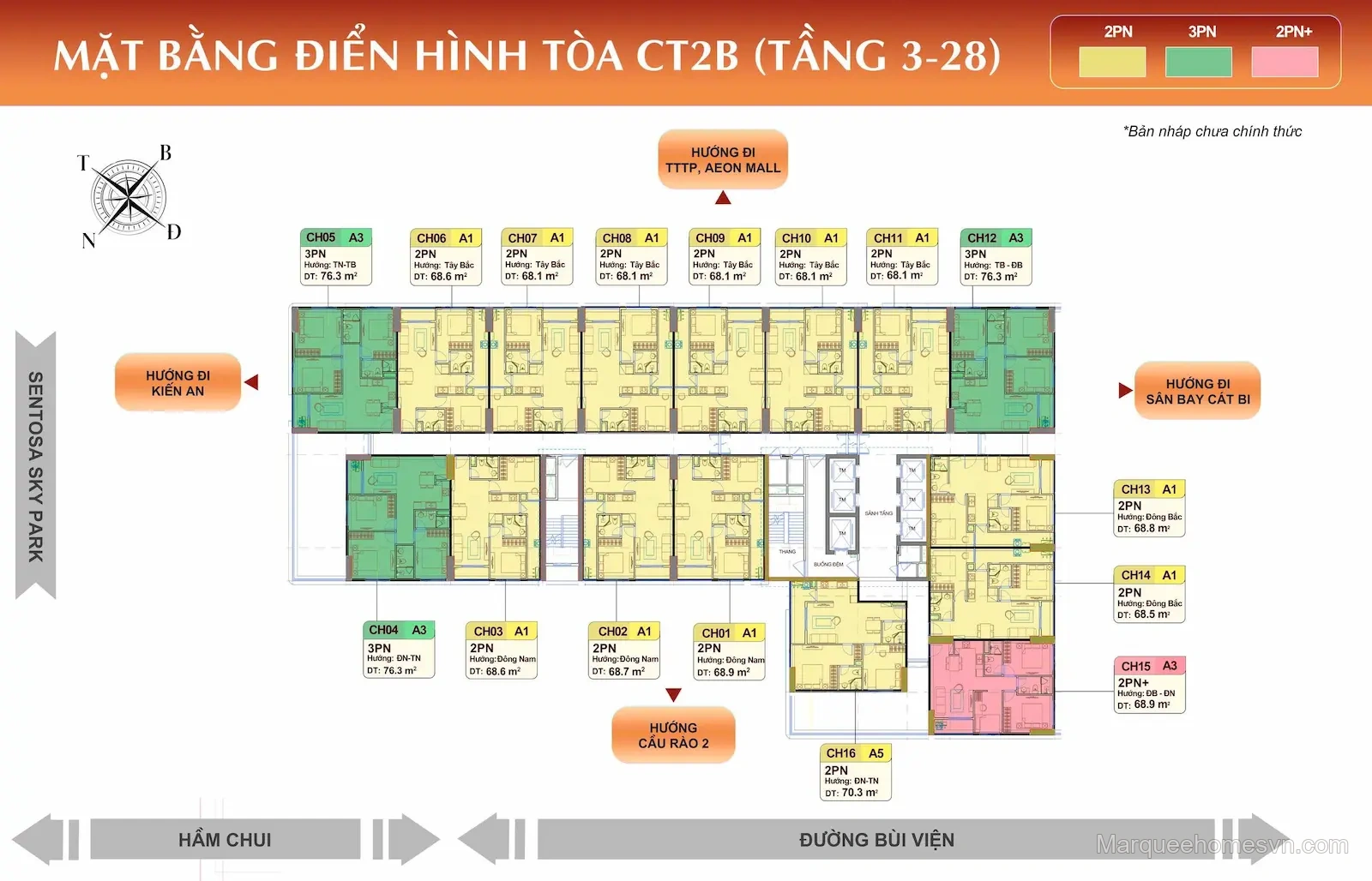 Mặt bằng tầng điển hình 3–28 tòa CT2B — nhà ở xã hội Marquee Homes Lê Chân, Hải Phòng